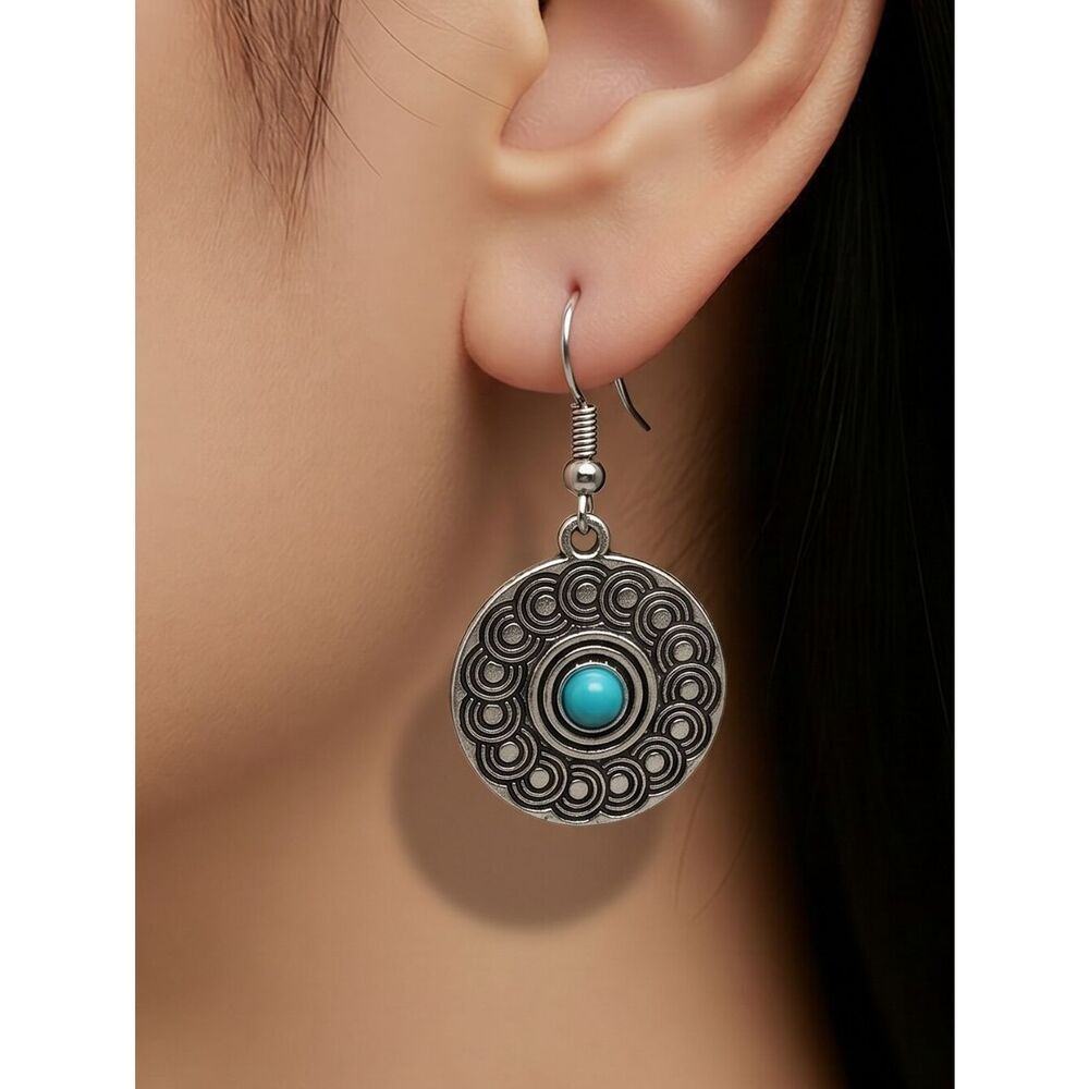 Engraved Mandala Turquoise Sonoran Spiral Round Dangle Earrings Boho Jewelry New